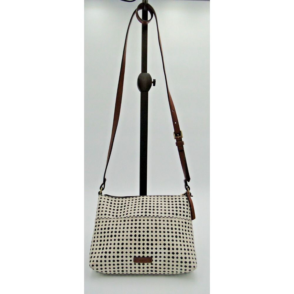 FOSSIL Fionia White Polka Dot Crossbody Purse‎ Coated Canvas Leather Trim